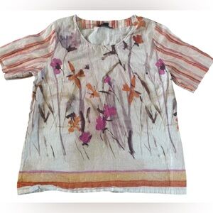 Renuar 100% Linen Floral Blouse Striped Sleeves Boho Artsy Top Size L